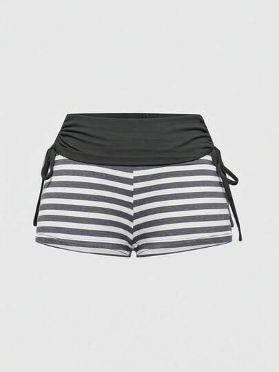Punk Rock Cute Retro Music Festival Striped Contrast Color Drawstring Super Short Women Shorts