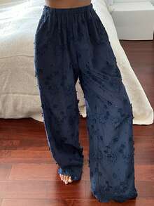 DAZY Women's Romantic 3D Floral Jacquard Pajama Pants - Navy Blue - View 4