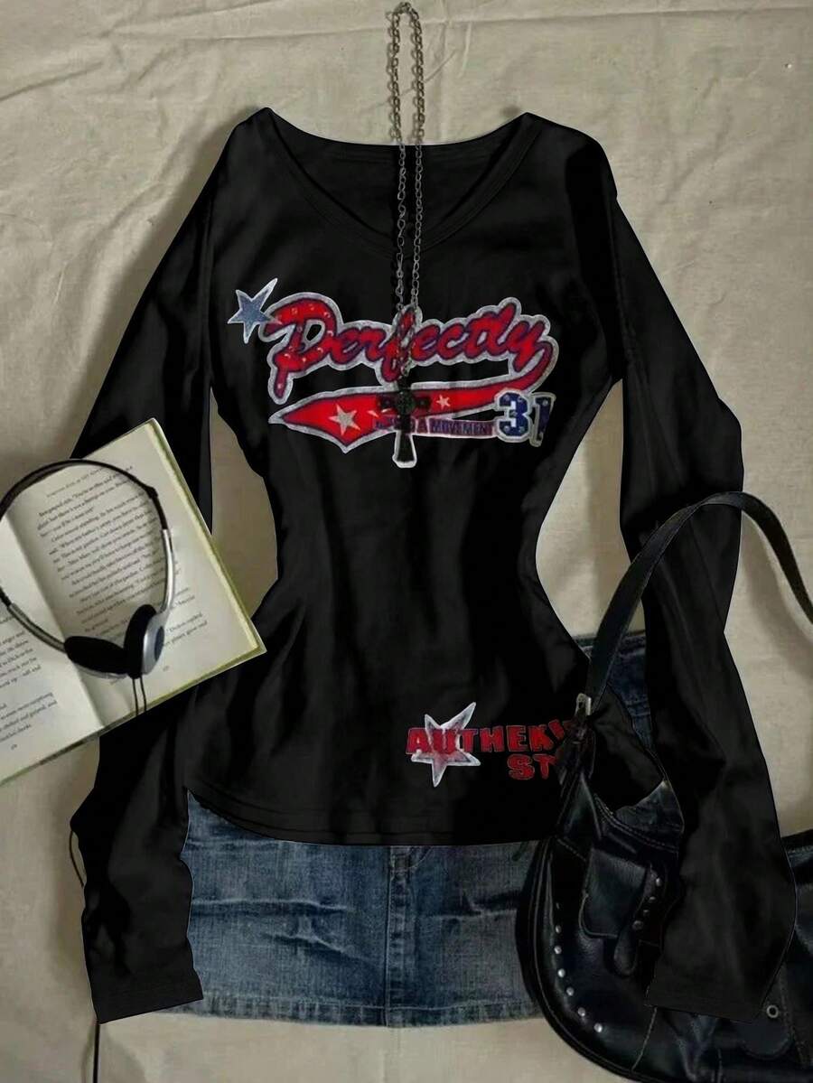 SHEIN 女士字母五角星印花V领休闲长袖T恤 - 黑色 - 查看 1