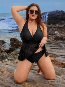 Swim Lushoire Bikini tam giác cổ chữ V 2 mảnh cỡ lớn cho nữ - màu đen - Xem 7