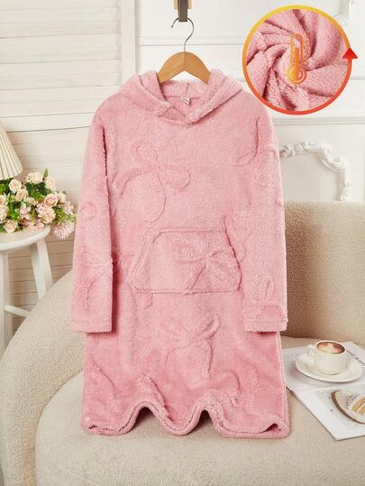Girls' Butterfly Pattern, Pink Coral Fleece Thick, Kangaroo Pocket Nightgown Loungewear, Warm Casual For Winter, Matching Christmas Pajama Party, Suitable For New Year Kids Pajama Gowns Bath Robe For Girls Kids Clothes Girls