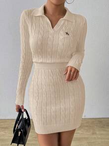 EMERY ROSE Pony Logo White Cable Knit Sweater, Embroidered Polo Collar Top, Fitted Sexy Dress - Apricot - View 4