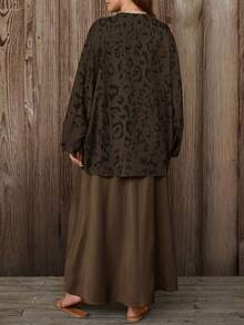EMERY ROSE Plus Size Women's Fashionable Elegant Casual Batwing Sleeve Round Neck Loose Autumn 2-Piece Set, Coffee Color - Brown - View 2