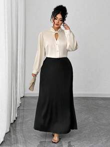 Elenzga Plus Size Satin Twist Collar V-Neck Hollow Out Long Sleeve Straight Blouse, Elegant For Work, Casual Outing, Date, Party - Apricot - View 5