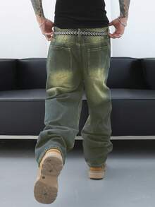 Manfinity EMRG 男士時尚寬鬆直筒牛仔褲，夏季老舊破洞設計，帶口袋長褲，純藍色款式，適用於派對和說唱