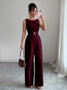 Selianne 法式浪漫单肩无袖高腰带光滑面料金属扣装饰阔腿直筒连体裤女士夏季服装女士办公服装外出服装 - 酒紅色 - 查看 3