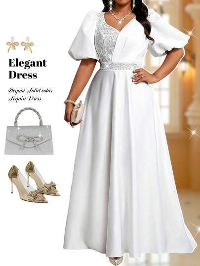 Fleurora Vår och sommar Elegant Vit Elegant Retro Arbete Bröllopsfest Alla hjärtans dag Nyårsfest Stickad Depp V-ringning Strass Volang Ny ankomst Smal klänning Plusstorleksklänning Formell balklänning Plusstorleksklänning, Klänning, För kväll, Bröllopsgäst