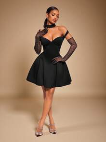 Radiana Damen sexy & elegantes schwarzes Off-Shoulder Minikleid, klassisches vintage kleines schwarzes Kleid, Partykleid, Abendkleid, geeignet für Bankette, Hochzeitsgäste, Brautjungfern - Schwarz - Übersicht 3