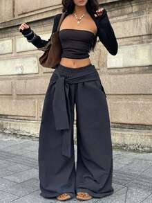 Coolane 时尚宽松纯黑色梭织女裤 - 黑色 - 查看 4