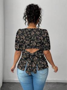 Elenzga Plus Size Casual Ditsy Floral Shirt With Tie-Back Design - Multicolor - View 7