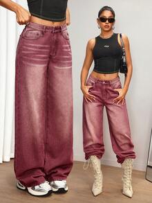 SHEIN Tall Women's Casual Washed Vintage Wide Leg Jeans - Burgundy - View 3