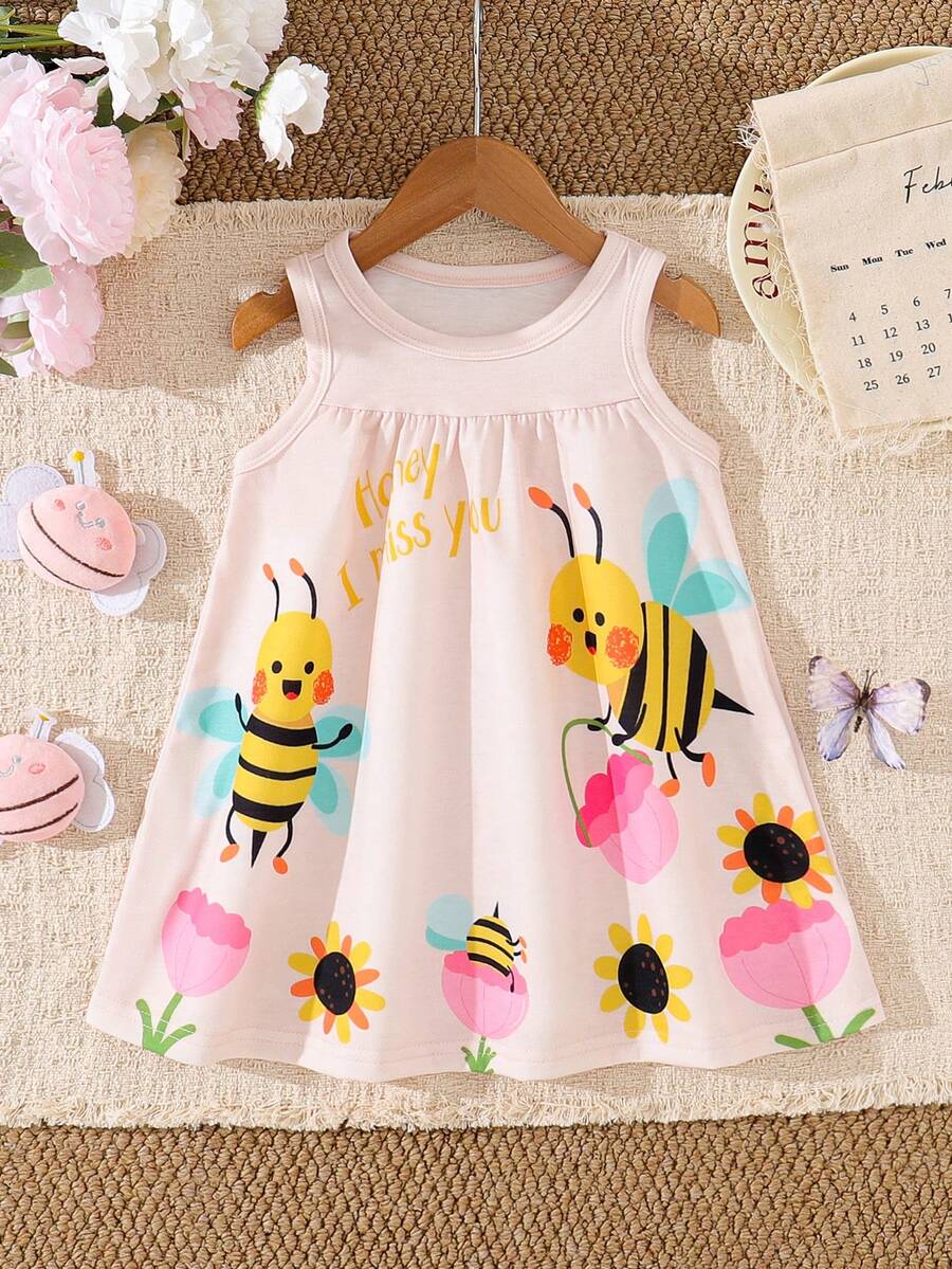 SHEIN Baby Girls' Cute Bee Animal Element Sleeveless Dress, Fashion New Style For Spring/Summer - Apricot - View 1