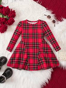 女宝宝可爱学院风休闲红色格子针织连衣裙 - 紅色 - 查看 7