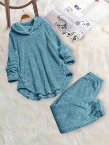 EMERY ROSE Women's Elegant Plush Long Sleeve 2 Pieces Loungewear Set, Autumn/Winter - Blue - View 3