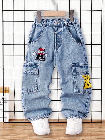 Young BoyCasual Loose Fit Straight Leg Contrast Stitching Cargo Jeans Boys Graffiti Street Jeans Kids Cargo Jeans Kids Jeans Boys Denim Pants
