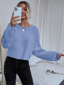 EMERY ROSE Women Casual Solid Color Dropped Shoulder Loose Ribbed Knit Pullover Sweater Gray Sweatergrey Jumper - Blue - View 3