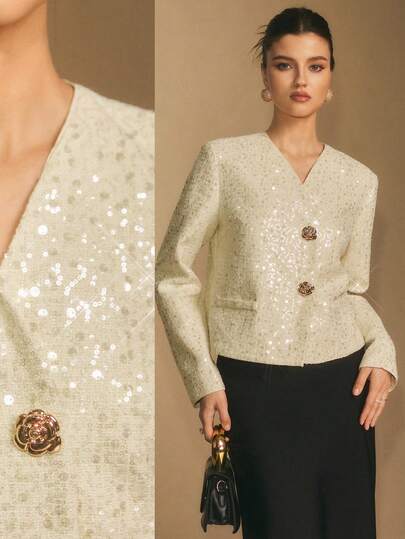 Poéselle Women's Solid Color V-Neck Sequin Patchwork Front Button Long Sleeve Regular Jacket Gorgeous And Elegant Coat, Glitter Jacket, Sequin Jacket, Tweed Blazer, Christmas  Sparkly Jacket, Party Jacket Luxury Clothes For Women