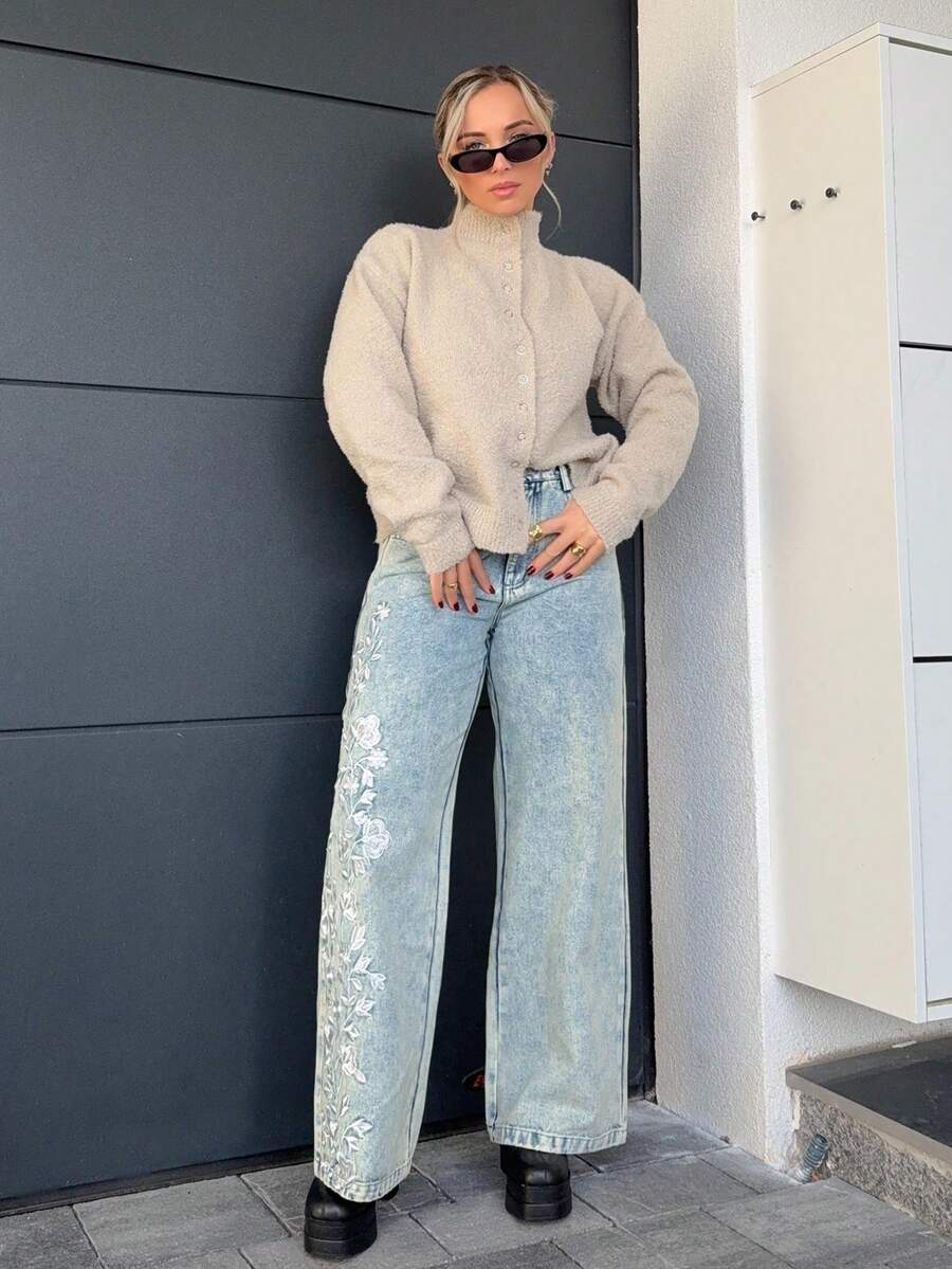 Jeta Ari 春节、情人节、节日及休闲优雅花卉刺绣女裤 - 水鴨藍 - 查看 1