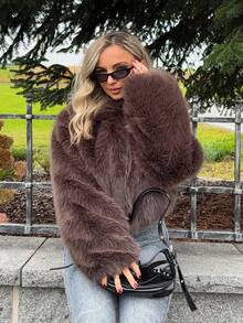 Jeta Ari Casual Zipper Fluffy Collar Jacket - Brown - View 4