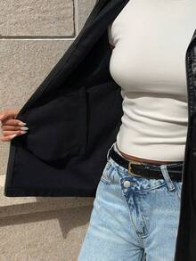 Flirla Drop Shoulder Zip Up PU Leather Coat Fall Winter Cloth For Women - Black - View 8