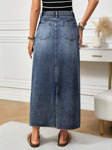 EMERY ROSE 时尚复古长开衩休闲百搭牛仔裙 - 深色水洗藍 - 查看 2