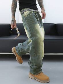 Manfinity EMRG 男士時尚寬鬆直筒牛仔褲，夏季老舊破洞設計，帶口袋長褲，純藍色款式，適用於派對和說唱