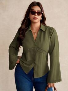 Elaquor Plus Size Women's Fashionable Elegant Lace Trim Button Down Long Sleeve Shirt Green - Army Green - View 1