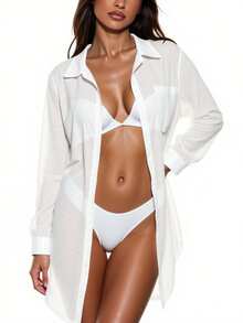 SHEIN Swim Basics Cárdigan Estilo Kimono Con Hombros Caídos Y Color Liso - Blanco - Ver 6