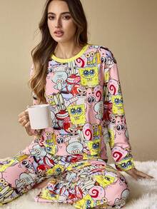 SpongeBob SquarePants | SHEIN 女士可爱卡通印花宽松落肩长袖上衣和裤子睡衣套装，春秋冬装 - 淺粉色 - 查看 3