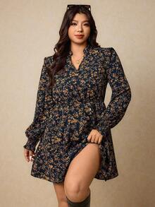 Elaquor Plus Size Women's Ditsy Floral V-Neck Long Sleeve Casual Dress Flower - Black - View 3