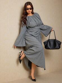 Elaquor Plus Size Women Solid Color Round Neck Flare Sleeve Pleated Casual Dress Office Old Money - Grey - View 1