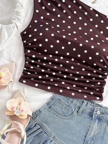 Soleia 女士夏季度假波点印花修身不对称肩部上衣 - 咖啡棕 - 查看 7