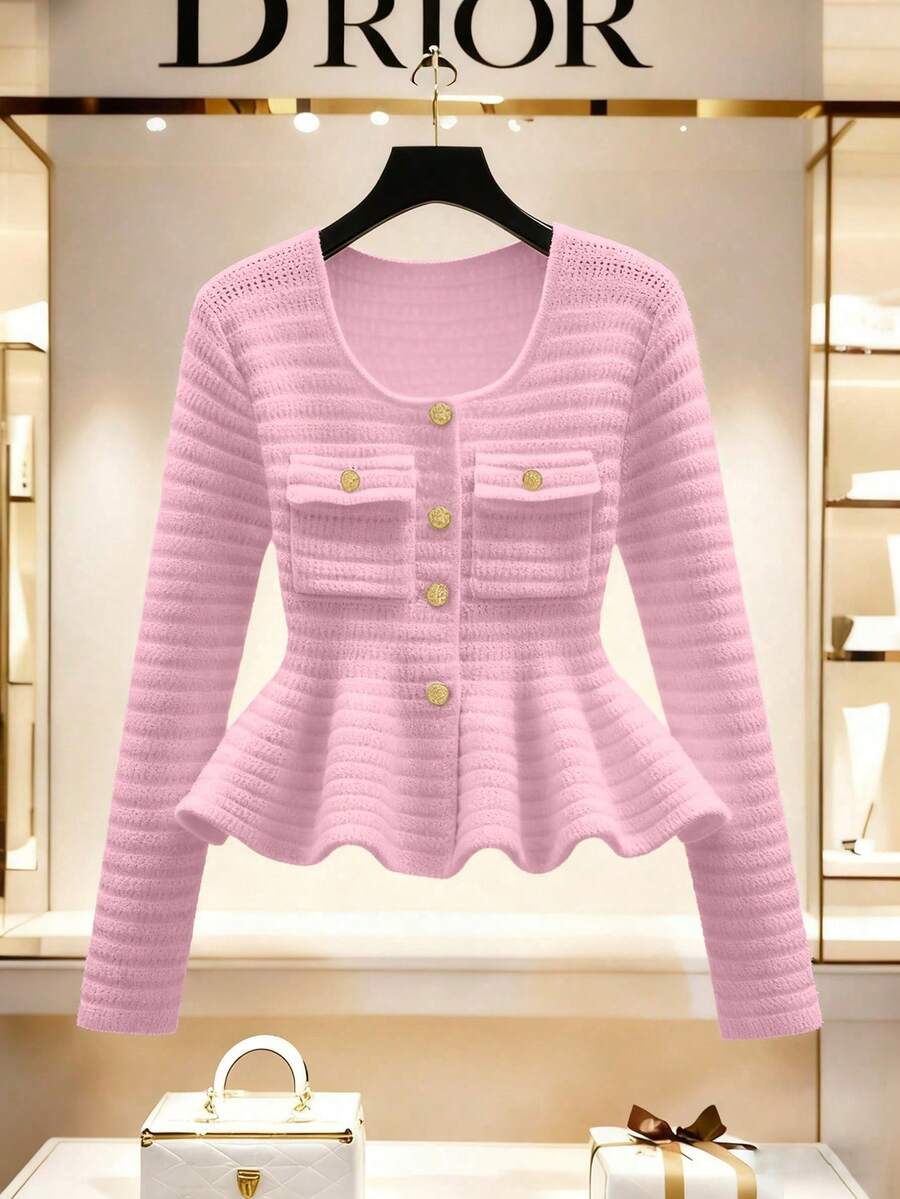 Franclia Nouveau cardigan en tricot élégant pour femmes avec col carré, taille froncée et ourlet à volants, arrivée française du début du printemps - Rose bonbon - Voir 1