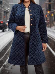 SHEIN CURVE+ Women's Plus Size Velvet Padded Thick Button Pocket Elegant Jacket, Suitable For Autumn/Winter - Navy Blue - View 5