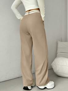 Rafferiza Quần ống đứng chắp vá cho nữ, quần lửng cạp thấp - Màu be - Xem 2