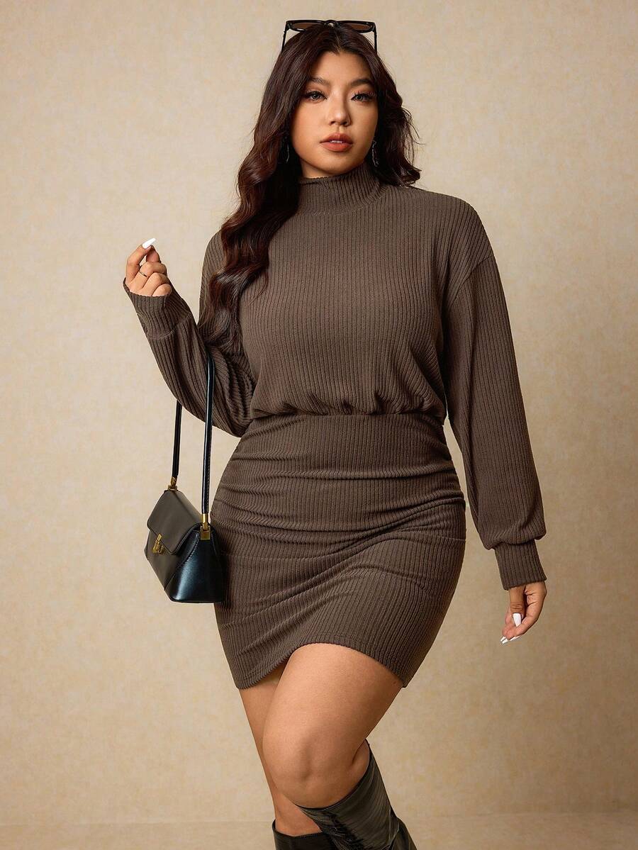 Elaquor Women's Plus Size High Neck Fitted Textured Fabric Top - Brown - View 1