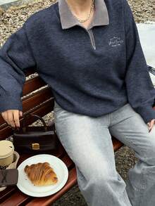 Dazy Plus كنزة صوفية كروشيه فضفاضة بطبعات حرفية ملونة وياقة طاقم، كاجوال للنساء، خريف/شتاء - أزرق بحري - مشاهدة 5