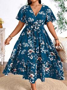 SHEIN Plus Size Holiday Floral Print Dress Maxi Women Outfit - Teal Blue - View 6