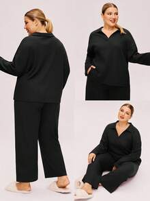 LUVLETTE Autumn And Winter Plus Size Women Soft Cotton Waffle Basic Long-Sleeve & Long Pants Loungewear 2 Piece Pajama Set With Pockets Lingerie Pants With Pockets Fall Pajamas - Black - View 2