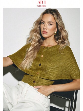 ATUI Studio Women's Solid Color Metal Single-Breasted Cardigan Shawl, Fashion For Autumn/Winter