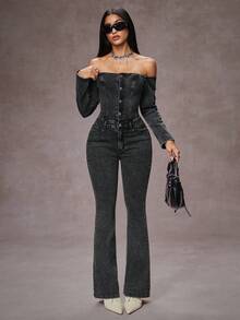 Jeanoix Y2K露肩松紧腰水洗牛仔喇叭连体裤 - 黑色 - 查看 2