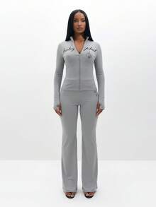 BABYPHAT Áo thun dài tay có khóa kéo in chữ và họa tiết gân cho trang phục thường ngày - Xám - Xem 3