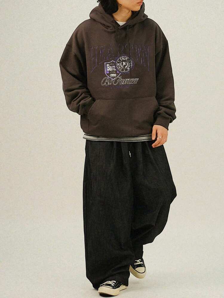 Men's Letter Print Thermal Lined Hoodie, Loose Fit, Brown, Autumn/Winter