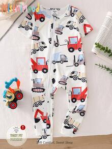 Infant Baby Dinosaur Print Short Sleeve Snug Fit Jumpsuit, Soft Comfortable Fabric, Summer Style - Multicolor - View 2