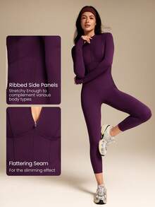 GLOWMODE 24" FeatherFit™-Air Glow Giver Soft Breathable Sweat-Wicking Front Zipper Ribbed Side Panels Contouring Seams Thumbholes Deep V-Back Seams Removable Cups Long-Sleeve Jumpsuit Low-Impact Daily Active Wear Fall Winter - Bold Plum - View 6