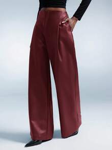 GENKIRA 女式 PU 材质，复古美式设计，腰部收紧宽松休闲百搭阔腿直筒裤 - 紅色 - 查看 4