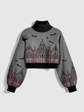 Goth كنزة صوفية كنزة رقبة عالية للنساء بنمط قلعة وصليب جوتية ذات ألوان متباينة