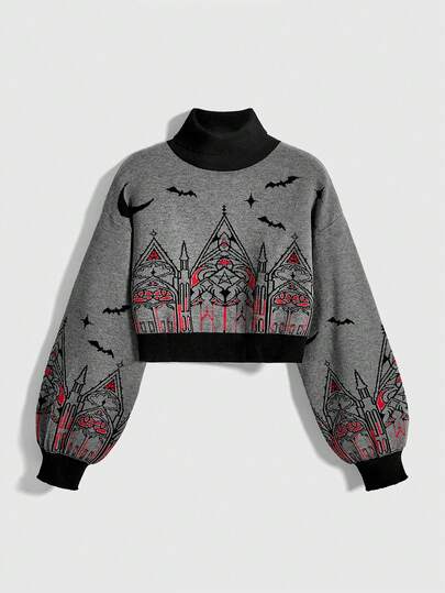 Goth Suéter de cuello alto de mujer con contraste de color con patrón de castillo y cruz gótico de Halloween