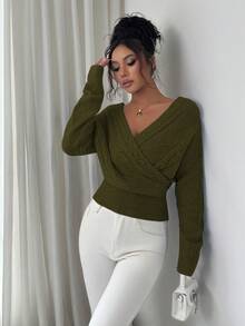 SHEIN Elenzya 女士V领长袖收腰露背时尚毛衣，秋冬款 - 軍綠色 - 查看 6