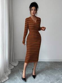 Elenzga 女士秋冬新款V领时尚优雅修身经典条纹针织长袖毛衣裙，适合日常通勤穿着。 - 鏽棕色 - 查看 6